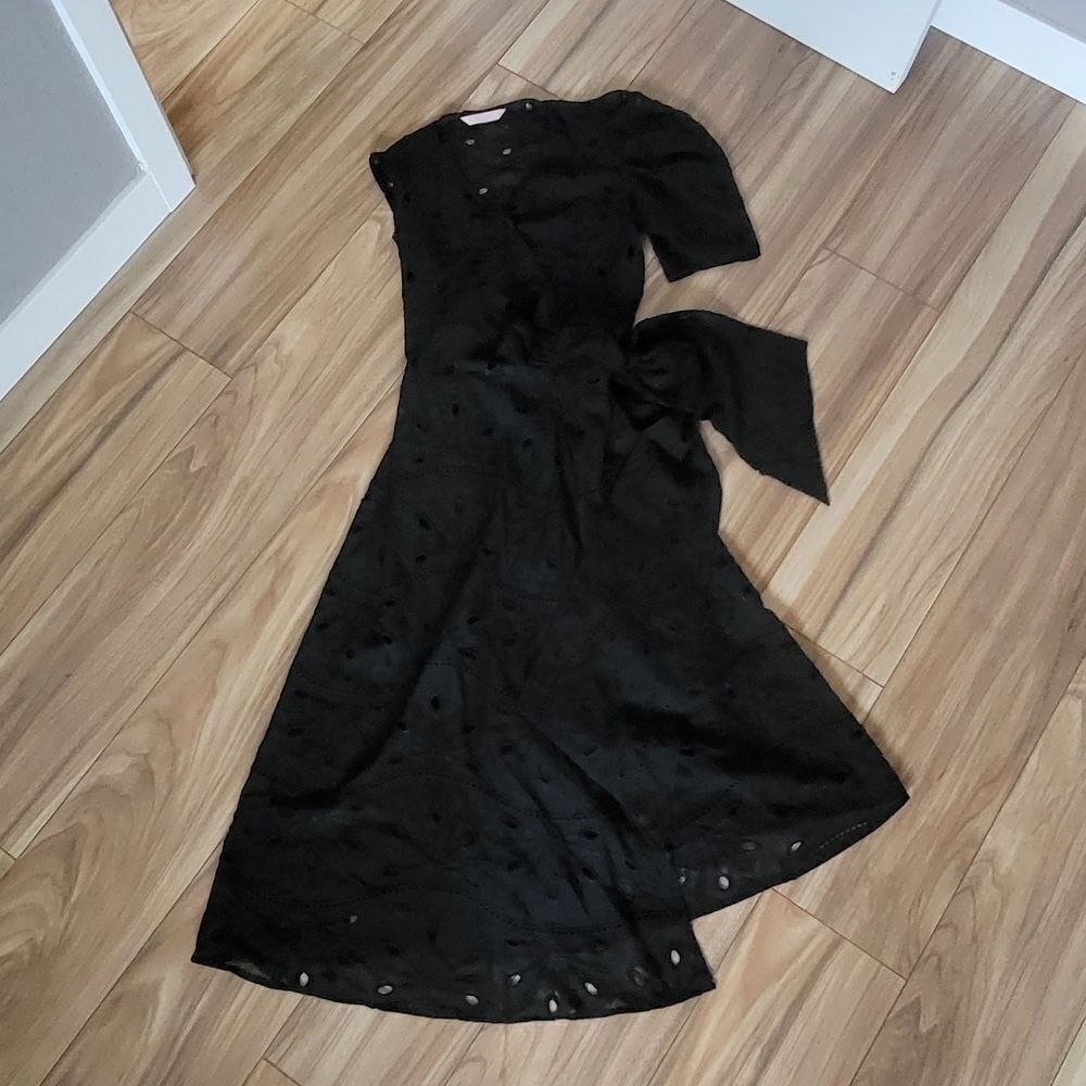 Handmade One Shoulder Puff Sleeve Floral Eyelet Wrap Midi Dress in Black